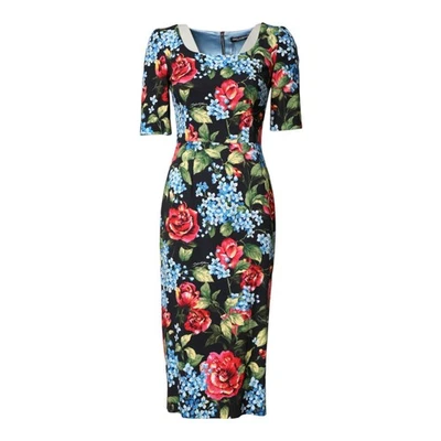 DOLCE & GABBANA Dress Black Floral Print Viscose Sheath Midi IT38/US4/XS 2480usd - Image 1 of 4