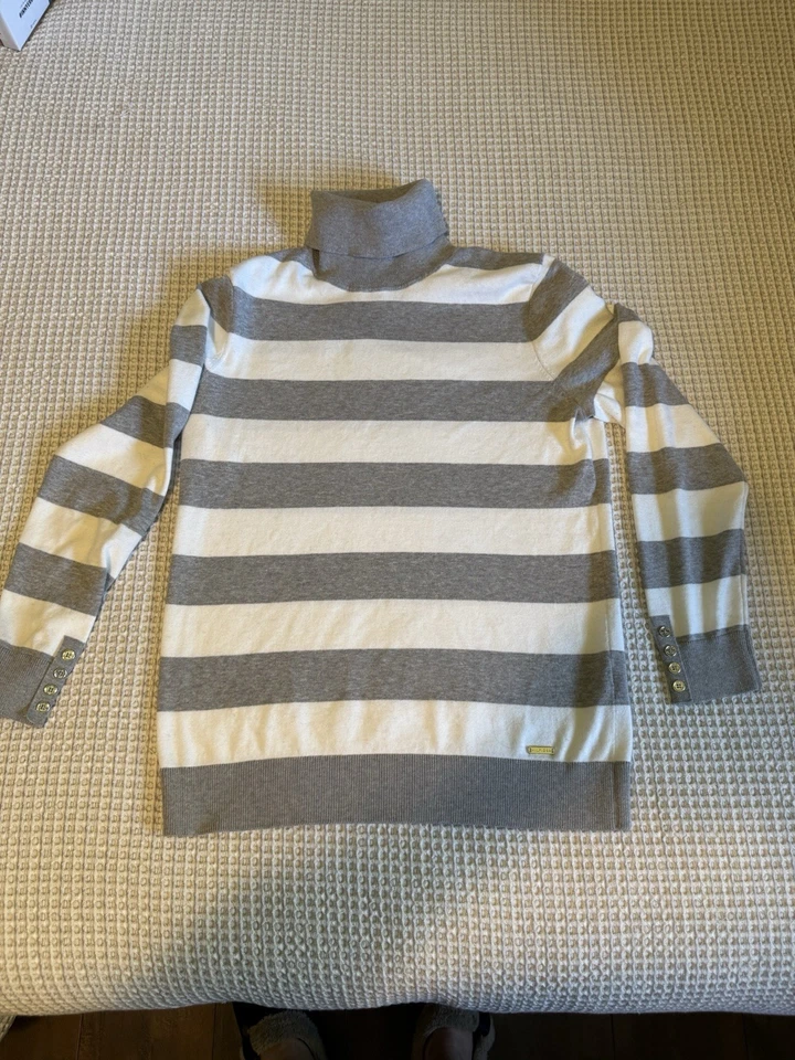Tommy Hilfiger Suéter Rayas Cuello Alto Gris Blanco Puño Botón Para Mujer Grande Foto 1 de 4
