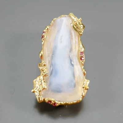 Broche de calcedonia natural hecho a mano de 24 quilates + plata de ley 925/NB29974 Foto 1 de 4