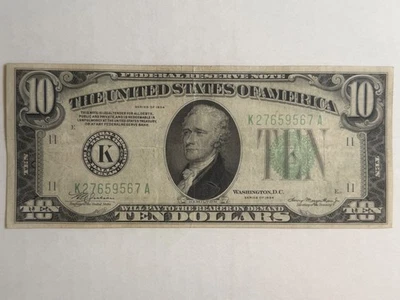 1934 $10 Federal Reserve Note – Misaligned Overprint Error – Serial K27659567A - Image 1 of 4