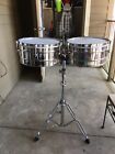 13-14 lp TITO PUENTE Stainless steel timbales vintage with stand.