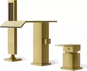 Modern Brushed Gold Roman Tub Faucet with Hand Shower Wathels Deck Mount 3 Holes - Picture 1 of 16