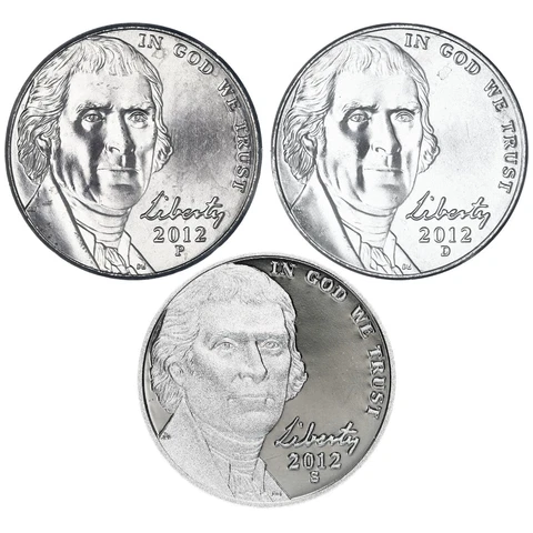 2012 P D S Jefferson Nickel Year Set Proof & BU US 3 Coin Lot Cover