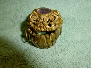 Antique Ornate Gate-Top Purse Clasp – Brass Filigree & Amythist Glass Stone - Picture 1 of 9