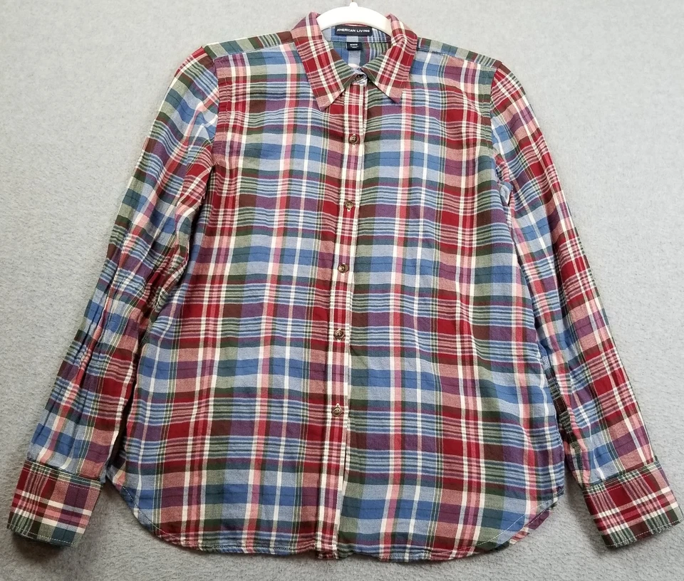 Camisa con botones American Living para mujer mediana M manga larga a cuadros algodón fino Foto 1 de 4