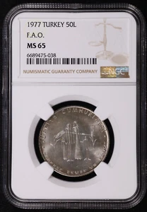 1977 Turkey 50 Lira FAO Planned Families Stainless Steel Coin KM 911 NGC MS 65 - Picture 1 of 2