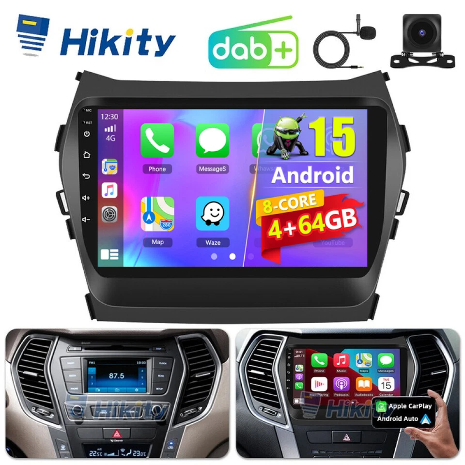 HIKITY Radio GPS DAB+ 4+64GB 8Core CarPlay Android15 para Hyundai Santa Fe III 2012-2018