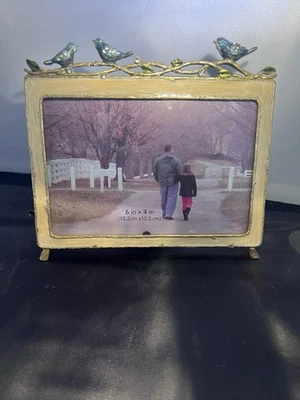 Marco de fotos de pájaros en rama soporte de fotos 6x4 dorado con esmalte azul pájaros Foto 1 de 3