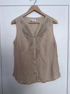 Emily Daniels Blouse Womens Sz M Tan Lace Sleeveless Button Up Linen Blend Boho - Picture 1 of 9