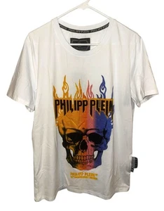 Phillip Plein weißes Homme Grafik Totenkopf Flammen T-Shirt mit Strass - Bild 1 von 4