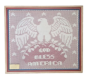1927 GOD BLESS AMERICA handgehäkeltes Deckchen von Laura Bell Moore Filettechnik - Bild 1 von 4