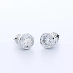 14K Gold Stud Earrings Bezel Set Classic 2.51 Carat Round Natural Diamond G SI1 - Picture 1 of 5