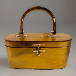 Vintage Lucite Purse Carmel Handbag MCM Art Deco 1960’s Box Bag Bakelite Handle - Picture 1 of 15