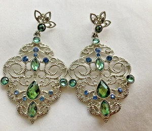 Vintage Silver Tone Filigree Green and Blue Rhinestone Earrings Stud Backs - Picture 1 of 7