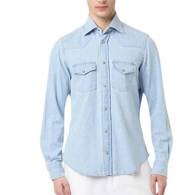 Camisa jeans Eleventy Chambray tamanho G azul claro gola de algodão - Imagem 1 de 4