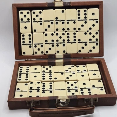 Vintage Domino Set With Brown Leather Case 30 Piece Travel Size Compact  - Image 1 of 4