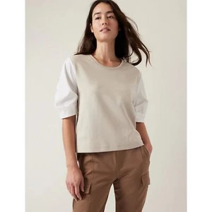 Athleta Harlow Hybrid S Tee Beige White Cotton Blend Short Sleeve Earthy Career - Picture 1 of 8