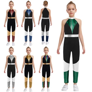 Girls Metallic Shiny Plaid Patchwork Romper Long Pants Gymnastics Dance Jumpsuit - Picture 1 of 45
