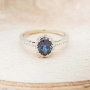 14k White Gold Lab Grown Alexandrite and Diamonds Halo Engagement Ring - Picture 1 of 5
