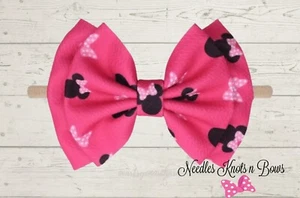 Pink Minnie Mouse Bow Nylon Waffle Knit Headband, Baby Girls, Toddlers, Adults - Picture 1 of 1