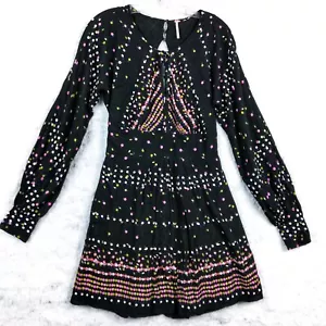 Free People Womens Dress Peasant Mini Printed Casual Black Tie Neck Boho 6 - Picture 1 of 14