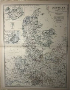 1881 Denmark & North Germany Large Hand Coloured Antique Map by Johnston - Picture 1 of 3