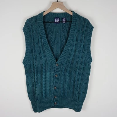Vintage 90s Gap Cable Knit Sweater Vest Dark Green Men's Large 21.5x25.5 - Image 1 of 4