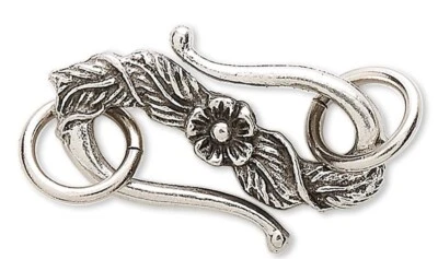 Clasp, S-Hook, 2 Sets Antiqued Pewter 24x14mm Flower Clasps with 2 Rings - Image 1 of 3