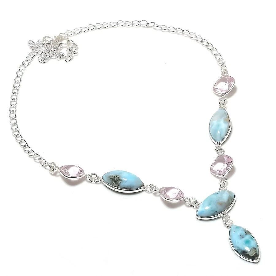 Republic Larimar & Kunzite Gemstone 925 Sterling Silver Jewelry Necklace Sz 18" - Image 1 of 1