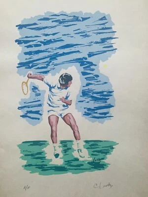 Chuck Lantz (1944-2019) Original 1975 Grabado en Madera Arthur Ashe Tenis Partido Arte Foto 1 de 3