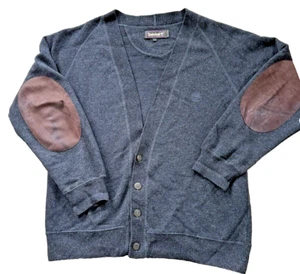 VTG Timberland Weathergear Gray Wool Cardigan Grandpa Core Sweater Elbow Patch L - Picture 1 of 13