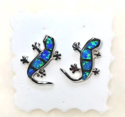 .925 Silver/ Blue Synthetic Opal Gecko  Post Earrings W/ Rhodium Plate Finish - Image 1 of 4