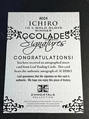 2013 Leaf Ichiro Immortals BLANK FRONT MISSING AUTOGRAPH & Serial # Accolades #4 - Image 1 of 2