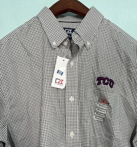 Camisa con botones Cutter & Buck para hombre M Tattersall a cuadros TCU University nueva con etiquetas $69 - Imagen 1 de 5