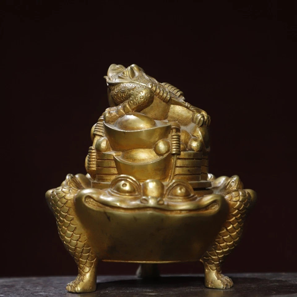 5.9" China Old Collection Treasure Copper Gilt Gold Toad Incense Burner - Image 1 of 4