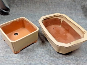 PAIR Japanese Glazed BONSAI PLANTERS~ Cactus Succulent Pots 6x8 & 5x5 Footed - Picture 1 of 7
