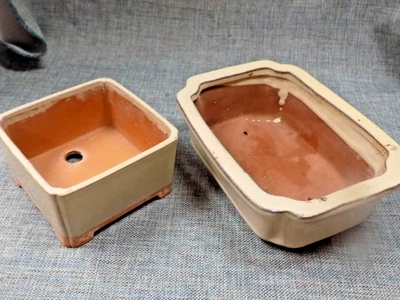 PAIR Japanese Glazed BONSAI PLANTERS~ Cactus Succulent Pots 6x8 & 5x5 Footed - Image 1 of 4