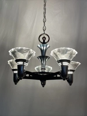 RESTORED Antique Vtg Art Deco Slip Shade Chandelier 1920s 1940s 1950s Atomic MCM - Image 1 of 4