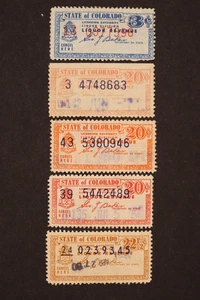 JUEGO DE 5 SELLOS DE INGRESOS DE LICOR ESTADO DE COLORADO DE ESTADOS UNIDOS 3C/20C/22.5C - Imagen 1 de 2