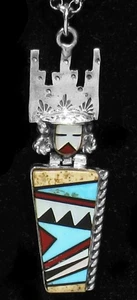 Big Signed Zuni Bevis Tsadiasi Turquoise Inlaid 925 Silver Hemis Kachina Pendant - Picture 1 of 9