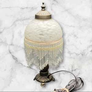 Vintage Style Art Deco Beaded Fringe Table Lamp Glass Shade 12" Tall *WORKS* - Picture 1 of 20