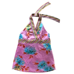 Mary-Kate and Ashley Girl M 7-8 Pink Floral Rainbow Trim Halter Tie Tank Top Y2K - Picture 1 of 17