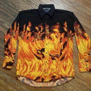 Vintage Wrangler Western Shirt Size Medium Pearl Snap Rodeo Flames Fire AOP - Picture 1 of 11