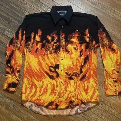 Vintage Wrangler Western Shirt Size Medium Pearl Snap Rodeo Flames Fire AOP - Image 1 of 4