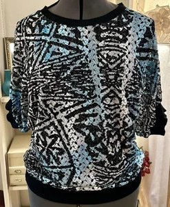 Alberto Makali Blue Black White Open Knit Short Sleeve Sweater Women's Sz XL - Picture 1 of 6
