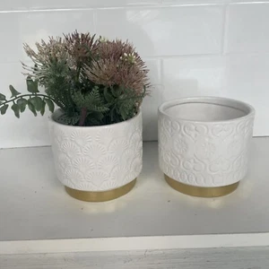 Set 2 Pots Planters White Gloss Gold Trim & Stopper 9.5cm 2 Diff Patterns pots - Picture 1 of 10