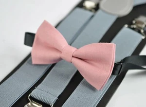 Dusky Dusty Rose Blush Pink Bow Tie + Light Gray Grey Suspenders Braces all ages - Picture 1 of 9