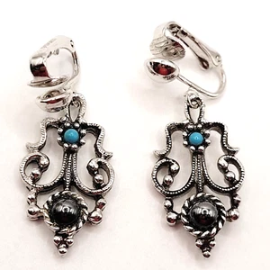 Avon SW Style Faux Turquoise Silver Tone Open Metal Filigree Clip On Earrings - Picture 1 of 13