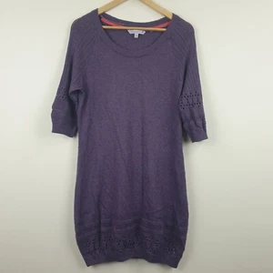 Fatface Pointelle Knit Dress Women's UK 16 Purple Crochet 3/4 Sleeve Knee Length - Picture 1 of 13