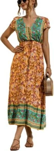Women Summer Boho Maxi Dress Vintage Floral Pattern Short Sleeve V Neck (Size:L) - Picture 1 of 4